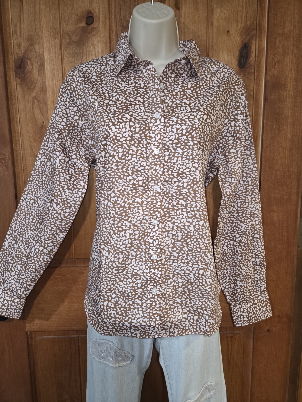 Lands' End Brown and White Patterned Button-Down Shirt